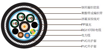 1xRG11 + 3x2.5电力电缆 + 3x1x2x22AWG数据线对，钢丝编织铠装聚氯乙烯护套组合电缆 