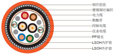 4x2.5电力电缆+2仪表线对+2同轴电缆, 钢丝铠装低烟无卤护套组合电缆 